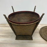 Vintage Thai Rice Handwoven Wood-Rattan Brown Side Table with Storage