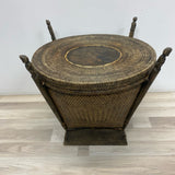 Vintage Thai Rice Handwoven Wood-Rattan Brown Side Table with Storage