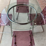 Ikea Clear-Silver Metal-GLass Round Dining Room Table & 4 Pink Acrylic Chairs
