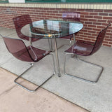 Ikea Clear-Silver Metal-GLass Round Dining Room Table & 4 Pink Acrylic Chairs