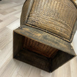 Vintage Thai Rice Handwoven Wood-Rattan Brown Side Table with Storage