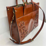 Patricia Nash Brown Leather Carved Satchel Handbag