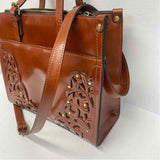 Patricia Nash Brown Leather Carved Satchel Handbag