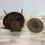 Vintage Thai Rice Handwoven Wood-Rattan Brown Side Table with Storage