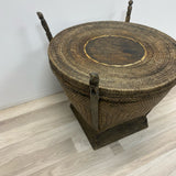 Vintage Thai Rice Handwoven Wood-Rattan Brown Side Table with Storage