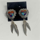 Silver-Multicolor Sterling Silver Heart Shape Southwestern Earrings