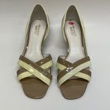 Franco Sarto Size 9 Tan-Cream Color Block Patent Leather Open Toe Pumps