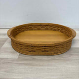 Longaberger Brown Wicker Serving Tray w Striped Blue Fabric Liner and Handles