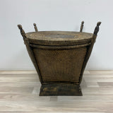 Vintage Thai Rice Handwoven Wood-Rattan Brown Side Table with Storage