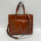 Patricia Nash Brown Leather Carved Satchel Handbag