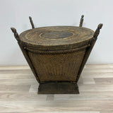 Vintage Thai Rice Handwoven Wood-Rattan Brown Side Table with Storage