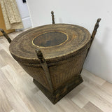 Vintage Thai Rice Handwoven Wood-Rattan Brown Side Table with Storage