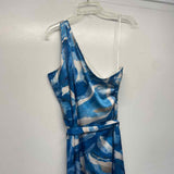 Nicole Miller Size 10-M Women's Blue-White Abstract One Shoulder Maxi Dress