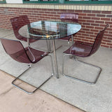 Ikea Clear-Silver Metal-GLass Round Dining Room Table & 4 Pink Acrylic Chairs
