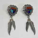 Silver-Multicolor Sterling Silver Heart Shape Southwestern Earrings
