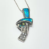 Sterling silver necklace with ribbon shape pendant blue opal and cubic zirconia