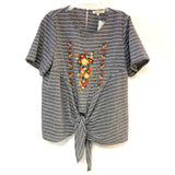 Andree Size L Women's Gray- White Stripe Short Sleeve Top