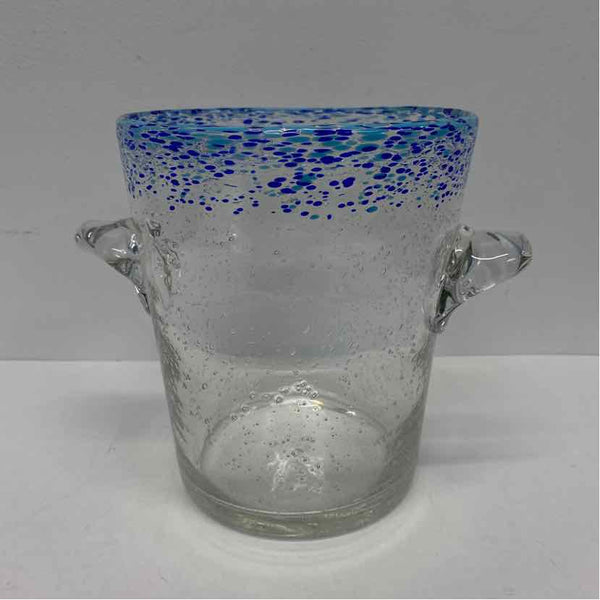 Clear-Blue Round Glass Ice Bucket w Handles