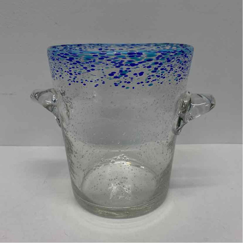 Clear-Blue Round Glass Ice Bucket w Handles