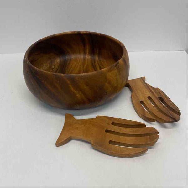 Made in Phillippines Round Brown Acacia Wood Calabash Salad Bowl w Serving Tongs