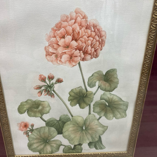 Pink Flower with green leaves signed Painting