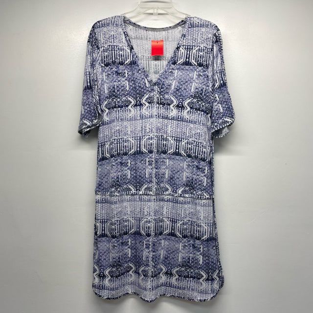 Tart Size M Women's Blue-White Pattern Shift Short Sleeve Dress