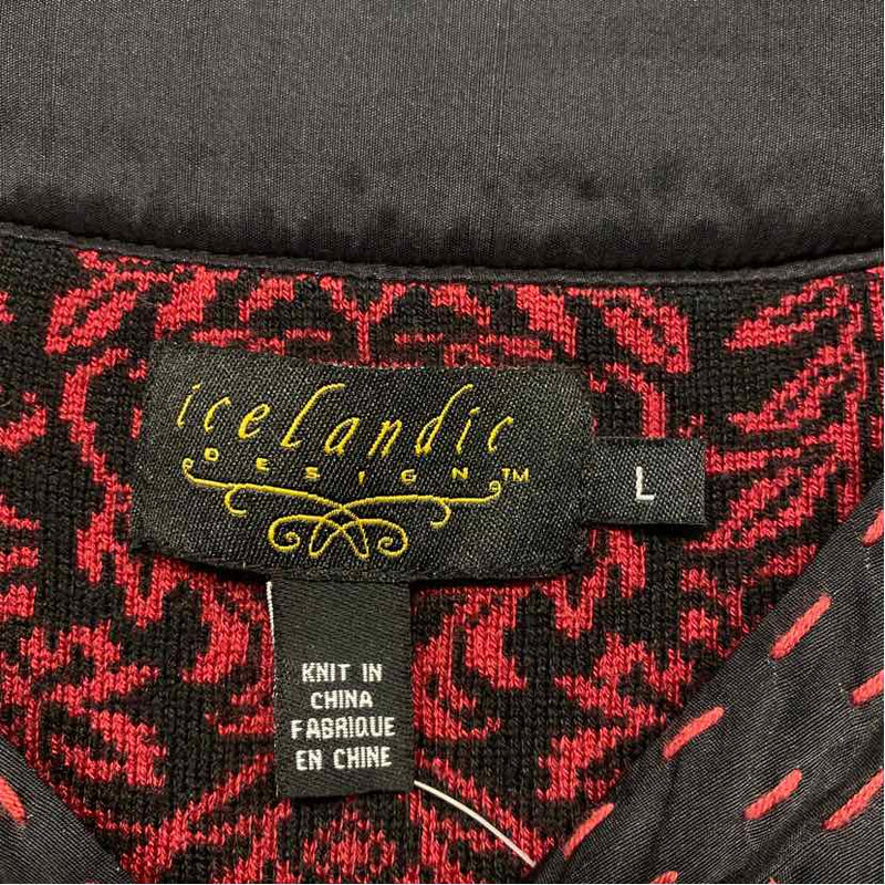 Icelandic Size L Women's Red-Black Pattern Button Up Sweater