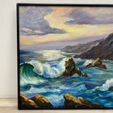 Signed Blue-Multi Painting Ocean Weaves Mountains and Rocks