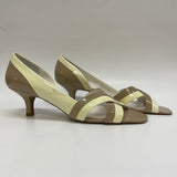 Franco Sarto Size 9 Tan-Cream Color Block Patent Leather Open Toe Pumps