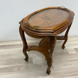 Brown Wood Carved Side Table w Removable Glass Tray