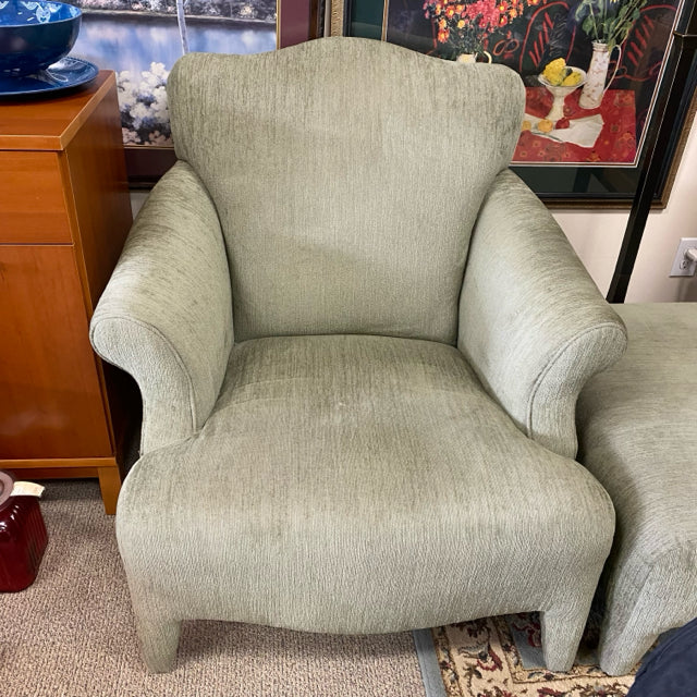 Green Fabric Textured Arm Chair and Ottoman