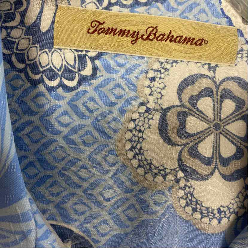 Tommy Bahama Size L Blue-White Silk Pattern Men's Men's Short Sleeve Shirt