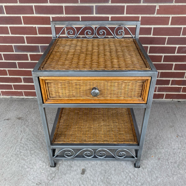 Rattan - Metal Side Table with sindle Shelf and Drawer