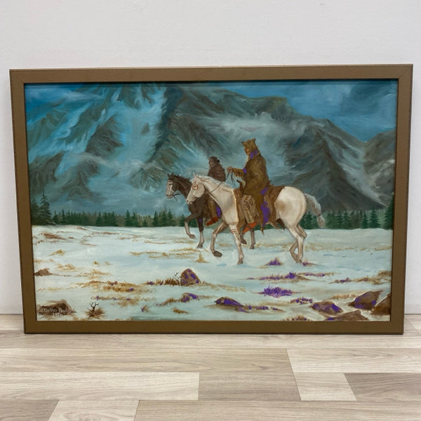 Original Signed painting - David Badoni 2 Men in horses with a mountain in the background