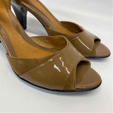Sofft Size 8.5 Women Solid Brown Patent Leather-Suede Open Toe Ankle Strap Heels
