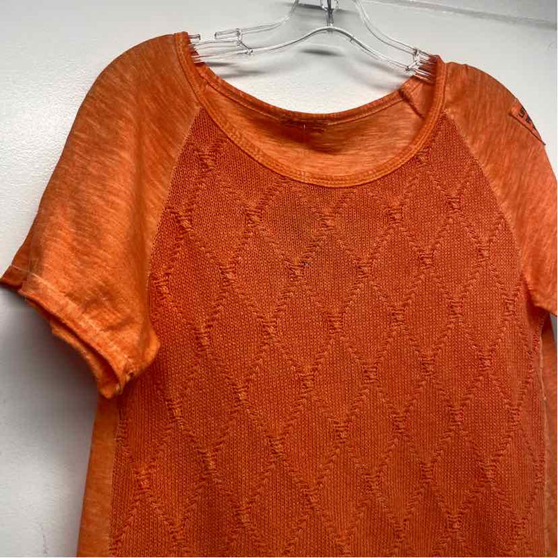 Angela Mara Size M Women's Orange Patchwork Crew Neck Short Sleeve Top