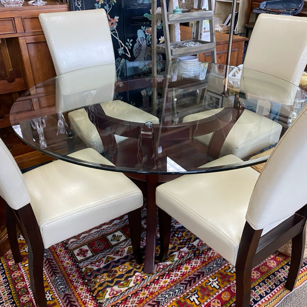 Round Brown-Clear Wood-Glass Dining Room Table w 4 Beige Faux Leather Chairs