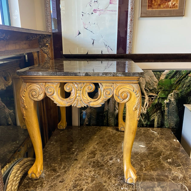 Brown Carved Wood Base Stone Top Side Table