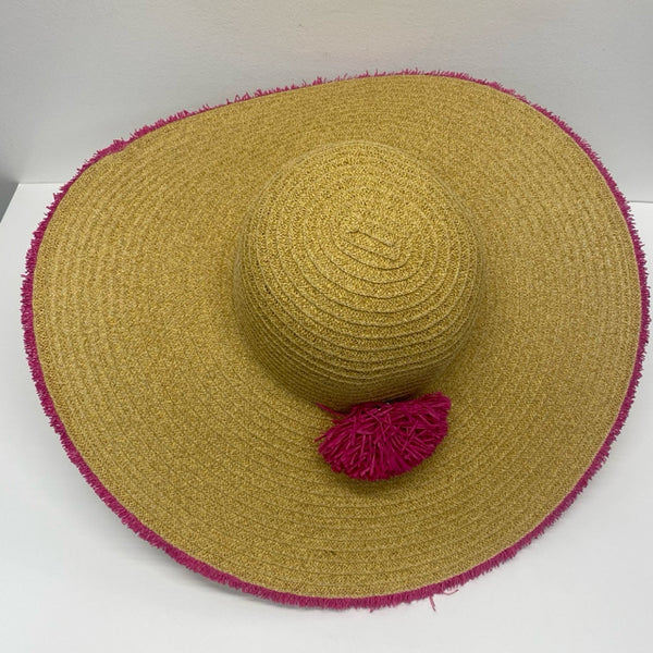 Nine West Large Floppy Tan Straw Hat with Pink Trim