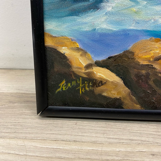 Signed Blue-Multi Painting Ocean Weaves Mountains and Rocks