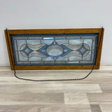 Wood Framed Hanging Blue Stained Glass Window Panel