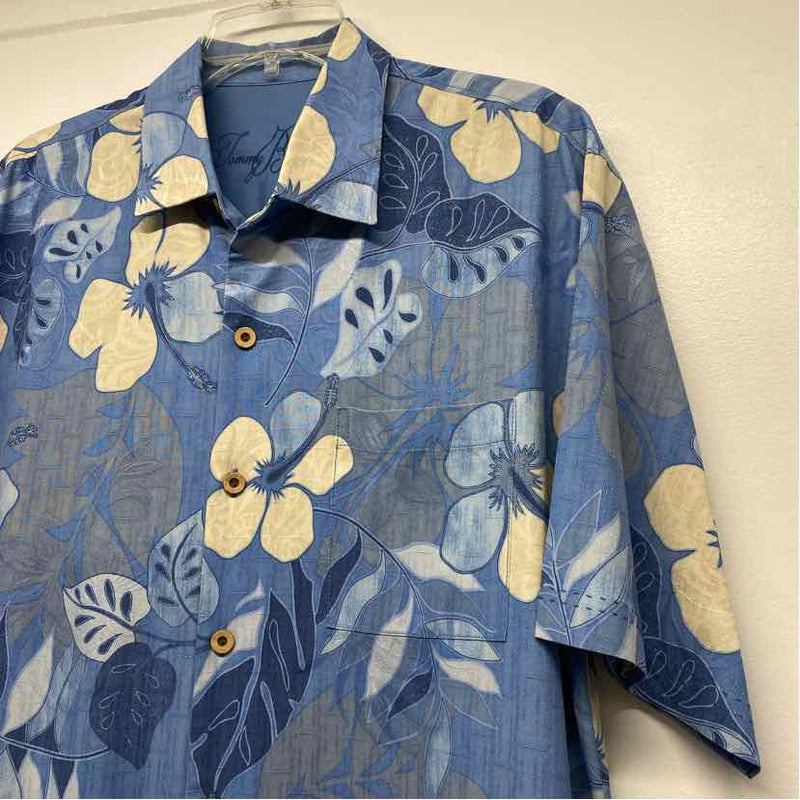 Tommy Bahama Size L Blue-White Silk Floral Men's Men's Short Sleeve Shirt