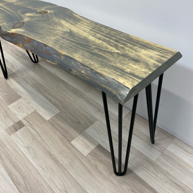 Handmade Gray Wood Bench w Black Pin Legs
