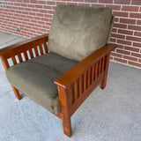 Mission Style Solid Green Microsuede Brown Wood Arm Chair