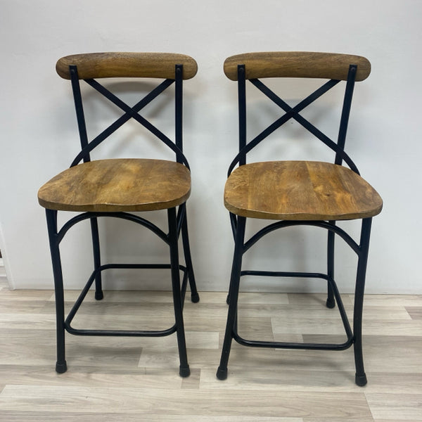 Counter Height Brown-Black Wood-Metal Stool - Set of 2