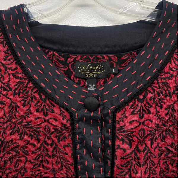 Icelandic Size L Women's Red-Black Pattern Button Up Sweater