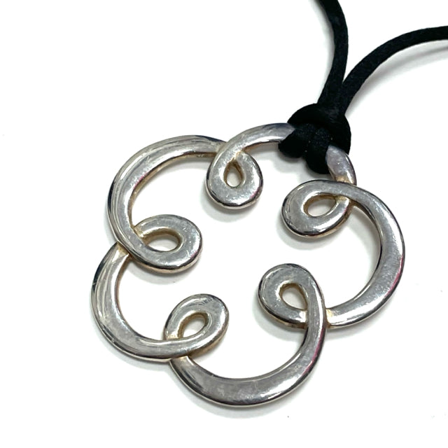 Tous Silver-Black Silver Adjustable Cord Necklace with open Flower