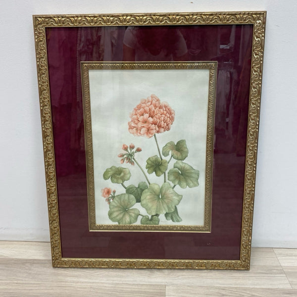 Pink Flower with green leaves signed Painting