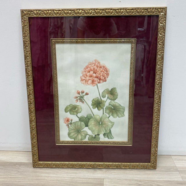 Pink Flower with green leaves signed Painting