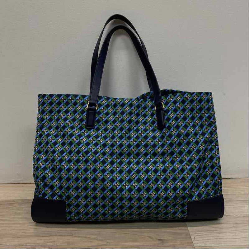 Tory Burch Navy-Green Nylon Signature Tote Handbag